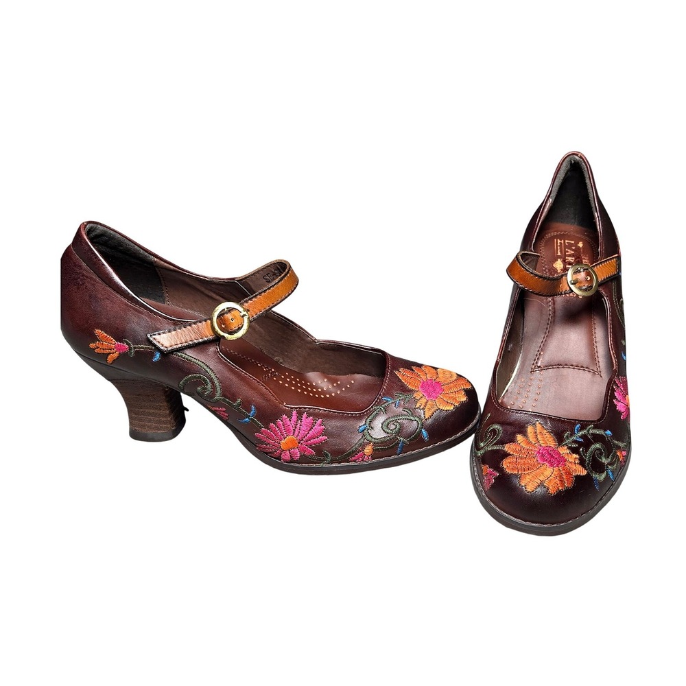 Women's Spring Step L'Artiste Brown 41 Floral Embroidered Leather Mary Jane Heel